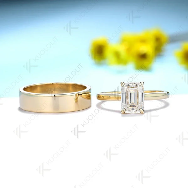 Kuololit 2ct Emerald Cut Ring Moissanite D/VVS1 Set Ring for Women Solid PT950 14K 10K Yellow Gold Luxury Wedding Christmas