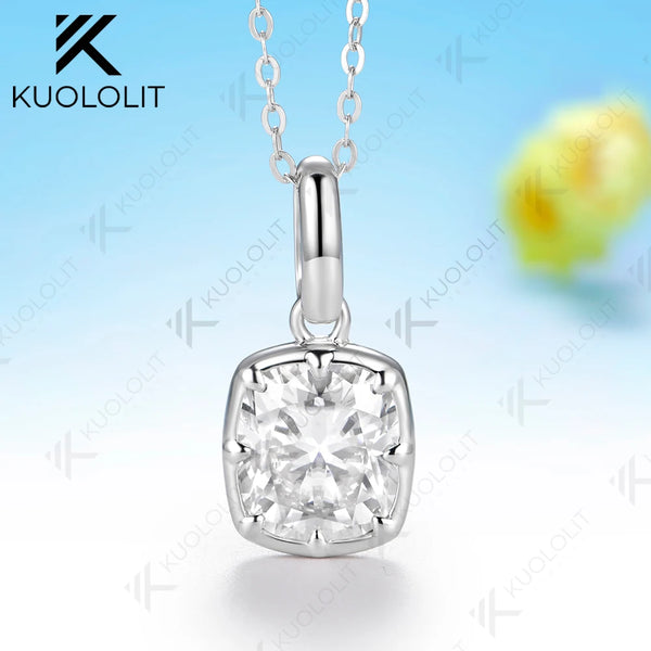 Kuololit 3CT Enlonged Cushion Moissanite Necklace for Women Solid 585 14K 10K Yellow Gold Necklace for Christmas Gift Party