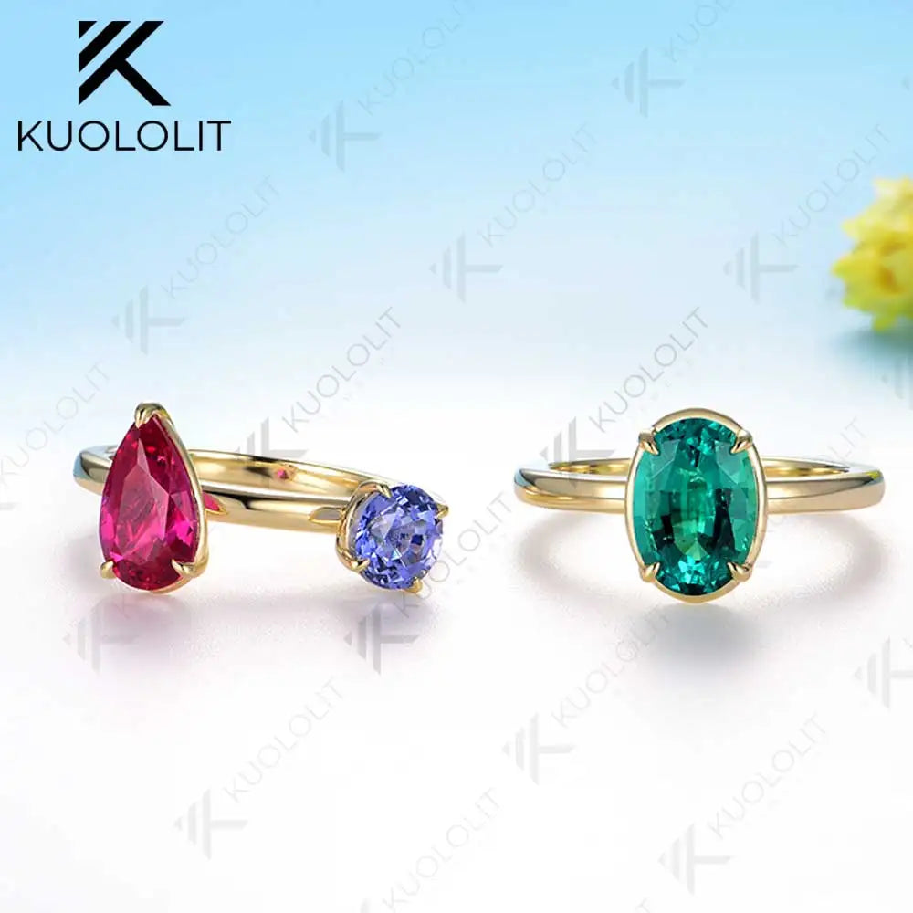 Kuololit 6.5CTW Lab Grown Eemerald Ruby Blue Sappphire Rings for Women Soild 14K 585 Gold Set Ring for Engagement Christmas Gift