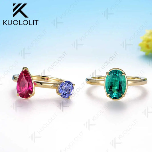 Kuololit 6.5CTW Lab Grown Eemerald Ruby Blue Sappphire Rings for Women Soild 14K 585 Gold Set Ring for Engagement Christmas Gift