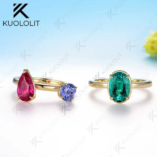 Kuololit 6.5CTW Lab Grown Eemerald Ruby Blue Sappphire Rings for Women Soild 14K 585 Gold Set Ring for Engagement Christmas Gift