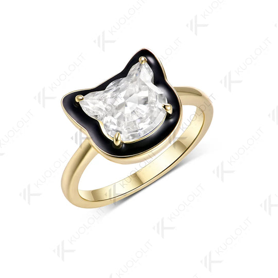 Kuololit 3CT Moissanite Black Enamel Ring for Women Solid 14K 10K 585 Yellow Gold Cat Cut Custom Ring for Christmas Gift Party