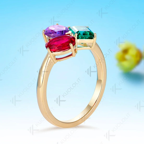 Kuololit 3CTW Lab Grown Emerald Ruby and Natural Amethyst Rings for Women Solid 14K 10K 585 Yellow Gold for Christmas Engagement