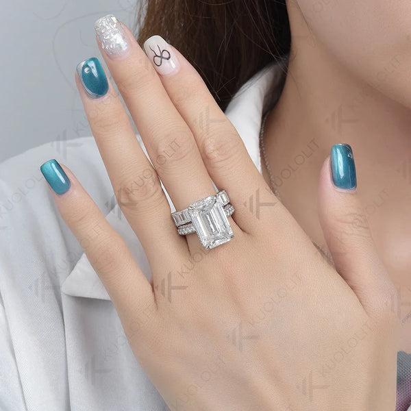 Kuololit 8.8CTW Moissanite Band Rings for Women PT950 Soild 14K 10K White Gold Emerald Luxury Band for Engagement Wedding Christmas