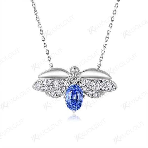 Kuololit 0.5CTW Lab Blue Sapphire Moissanite Bee Necklace for Women Solid 18K 14K 10K 585 White Gold Oval Pendant for Christmas