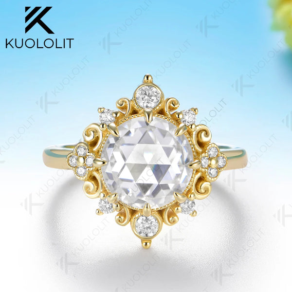 Kuololit 3CT Rose Moissanite Custom Set Ring for Women Solid 14K 10K 585 Yellow Gold Engagement Ring for Christmas Gifts Party