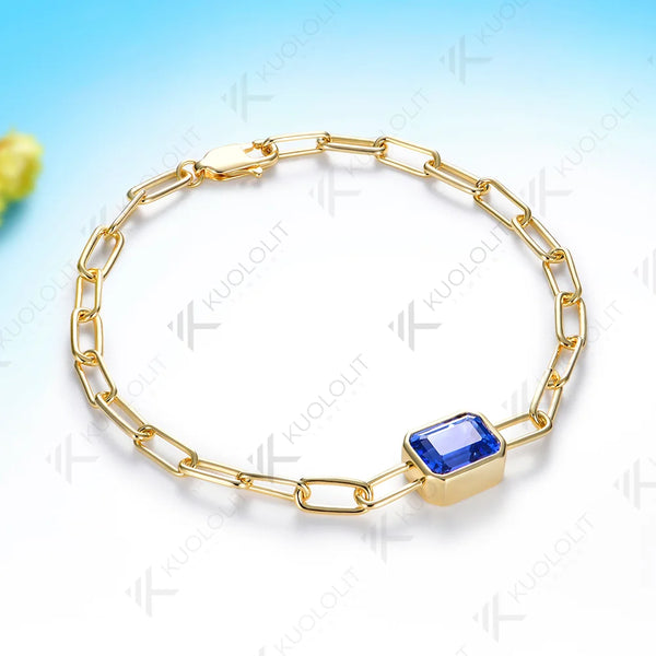 Kuololit 3.6CTW Lab Grown Sapphire Bracelet for Women Solid 14K 10K Yellow Gold Emerald Cut for Christmas Party Luxury Gifts