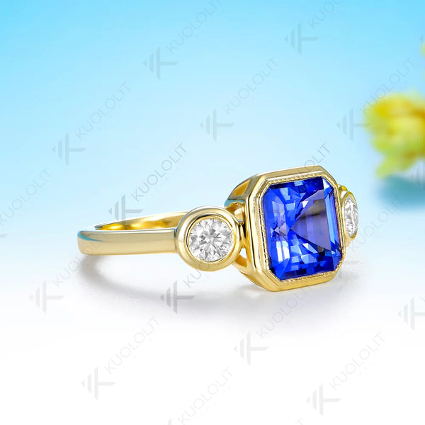 Kuololit 2.5CT Lab Grown Sapphire Diamond Ring for Women Solid 14K 10K 585 Yellow Gold for Christmas Gift Engagement Anniversary