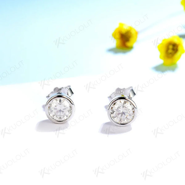 Kuololit Bezel Set Moissanite 4.0mm Stud Earrings for Women Handset D/VVS Solitaire Jewelry for Party Christmas Gifts
