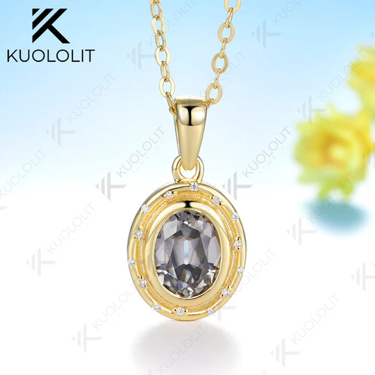 Kuololit 1.5CT OMC Grey Moissanite Necklace for Women Solid 14K 10K Yellow Gold Oval Cut Necklace for Engagement Christmas Gift