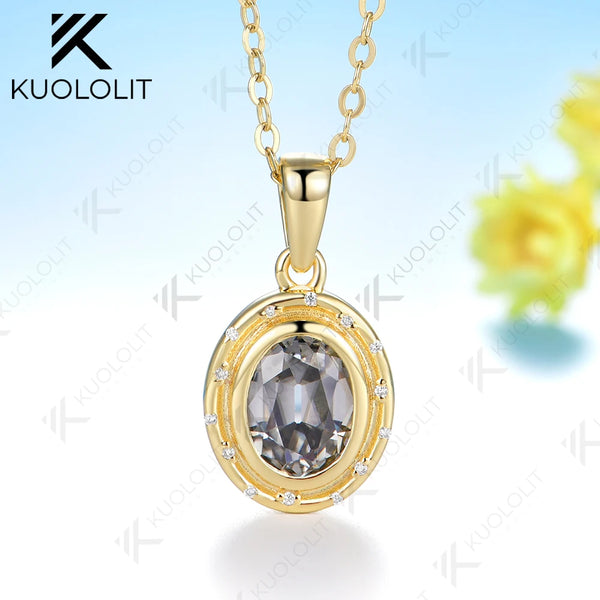 Kuololit 1.5CT OMC Grey Moissanite Necklace for Women Solid 14K 10K Yellow Gold Oval Cut Necklace for Engagement Christmas Gift