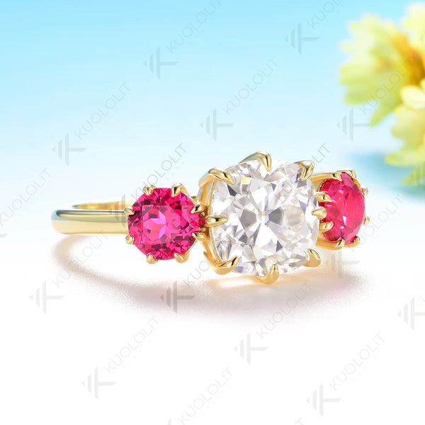 Kuololit 2.5CT OMC Cut Moissanite Lab Grown Ruby Ring for Women Soild 10K 14K Yellow Gold for Christmas Anniversary Engagement