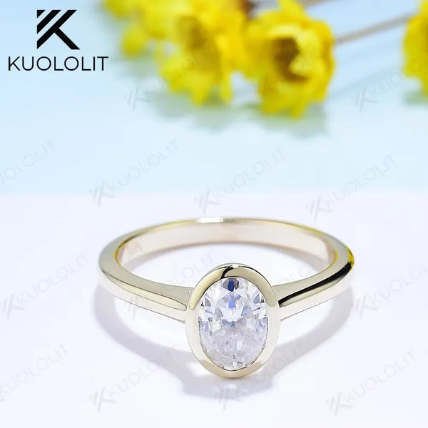 Kuololit 1CT Oval Cut Moissanite Rings for Women Solid 18K 14K 10K Yellow Gold Diamond Rings Bezel Set for Anniversary Wedding