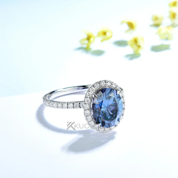 Kuololit 3CT Blue Moissanite Ring for Women Solid 14K 10K Yellow Gold Origanal Blue Color Oval Ring for Engagement Christmas