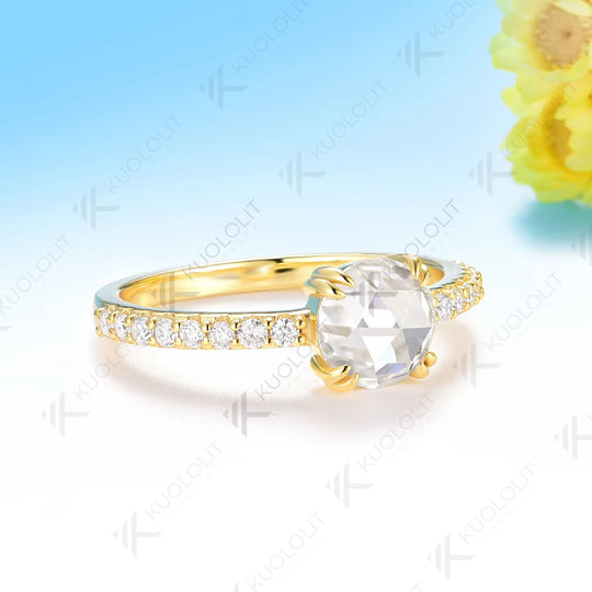 Kuololit 1.2CT Rose Cut Round Moissanite Ring for Women Solid14K10K 585 Yellow Gold Engagement Ring for Anniversary Christmas