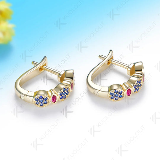 Kuololit 1.1CTW Lab Grow Ruby Blue Sapphire Custom Earrings for Women Solid 14K 10K 585 Yellow Gold for Christmas Gifts Party