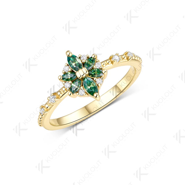 Kuololit 0.5CTW Cyan Moissanite Marquise Engagement Ring for Women Solid 14K 10K 585 Yellow Gold Flower Wedding Band for Christmas Jewelry