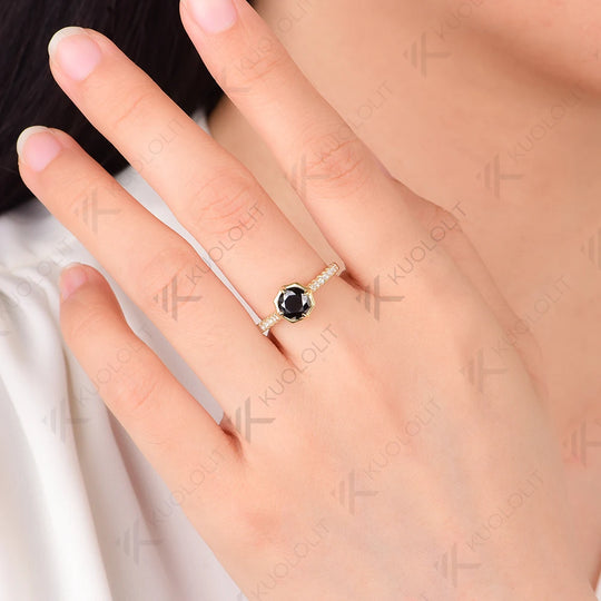 Kuololit 1CT Black Moissanite Engagement Ring for Women Solid 18K 585 Yellow Gold Round Cut Moissanite Bands Ring for Christmas