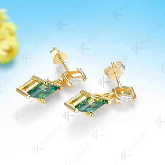 Kuololit 2.4CTW Cyan Moissanite Custom Clip Earrings for Women Solid 14K10K585 Yellow Gold Rhombus Cut for Christmas Gifts Party