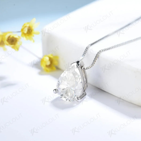 Kuololit 2CT Pear Cut Moissanite Necklaces for Women Solid 10K 14K 18K 925 Sliver Water Drop Pendant with Chain for Engagement
