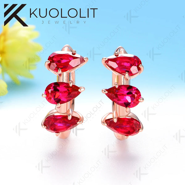Kuololit 2.1CTW Lab Grown Ruby Hoop Earrings for Women Solid 14K 585 Rose Gold Clip Earrings for Classic Christmas Gifts Luxury
