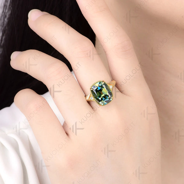 Kuololit 7CT OMC Cyan Cushion Custom Moissanite Engagement Ring for Women Solid 14K 10K 585 Yellow Gold Ring for Christmas Gifts