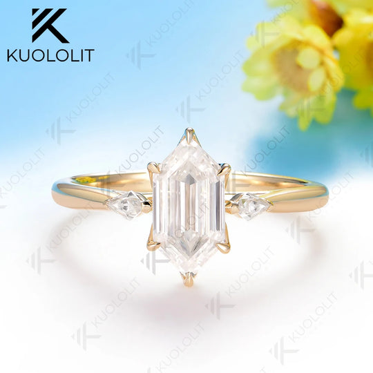 Kuololit 2CT Long Hexagon Kite Cut Moissanite Set Ring for Women Solid 14K 10K 585 Yellow Gold  for Christmas Gifts Engagement