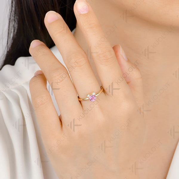 Kuololit 0.5CT Lab Pink Sapphire Diamonds Cat Custom Ring for Women Solid 14K 10K  Yellow Gold Ring for Anniversary Christmas