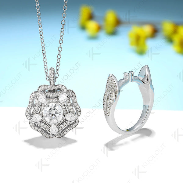 Kuololit 1CT Moissanite Rings and Pendant for Women Solid 14K 10K 585 White Gold Round for Engagement Wedding Christmas Luxury