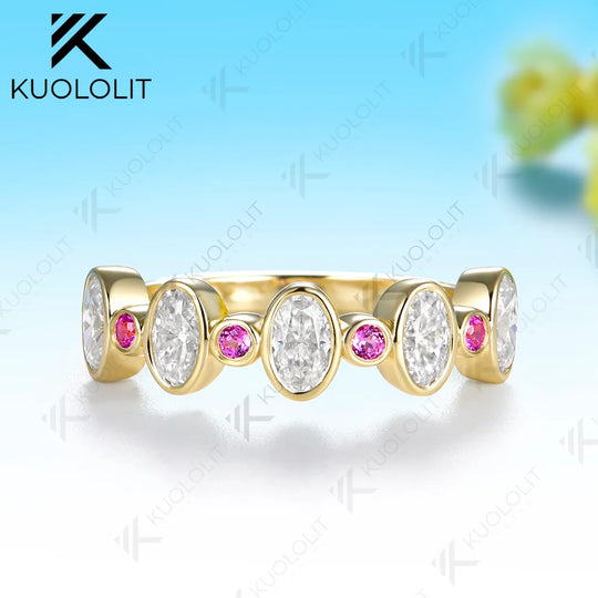 Kuololit Lab Grown Pink Sapphire Moissanite Custom Ring for Women Solid 14K 10K 585 Yellow Gold for Christmas Gift Engagement