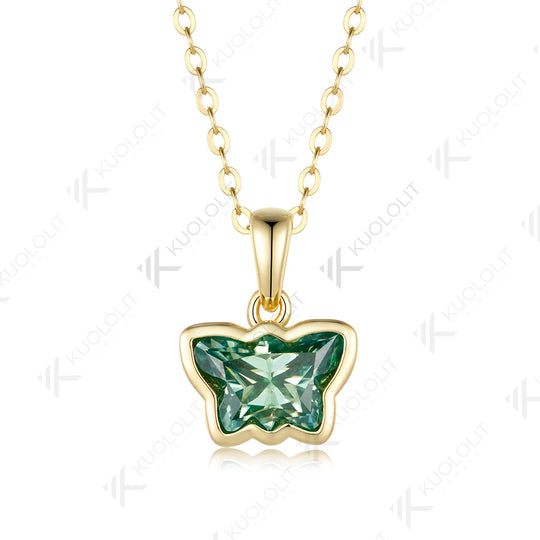 Kuololit 2CT Butterfly Cyan Moissanite Necklace for Women Solid 14K 10K Yellow Gold Animal Pedant for Christmas Party Gifts