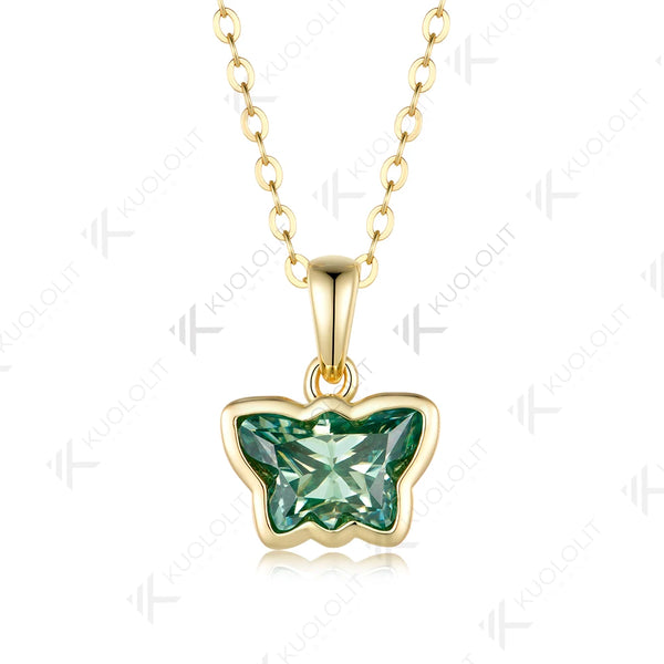 Kuololit 2CT Butterfly Cyan Moissanite Necklace for Women Solid 14K 10K Yellow Gold Animal Pedant for Christmas Party Gifts