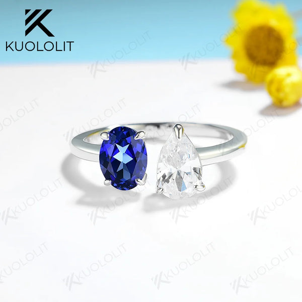 Kuololit 2CTW Pear Moissanite Lab Blue Sapphire Rings for Women Solid 18K 14K Yellow Gold Gemstone Ring for Engagement Christmas
