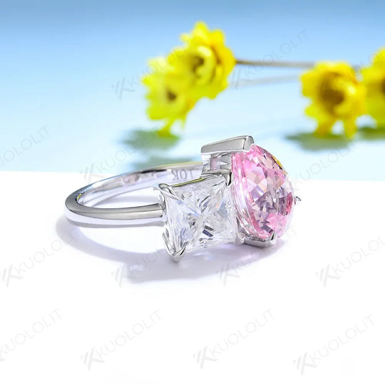 Kuololit Lab Grown Pink Sapphire Pear Cut Rings for Women 18K 14K White Gold Moissanite Princess Cut Ring for Engagement Party