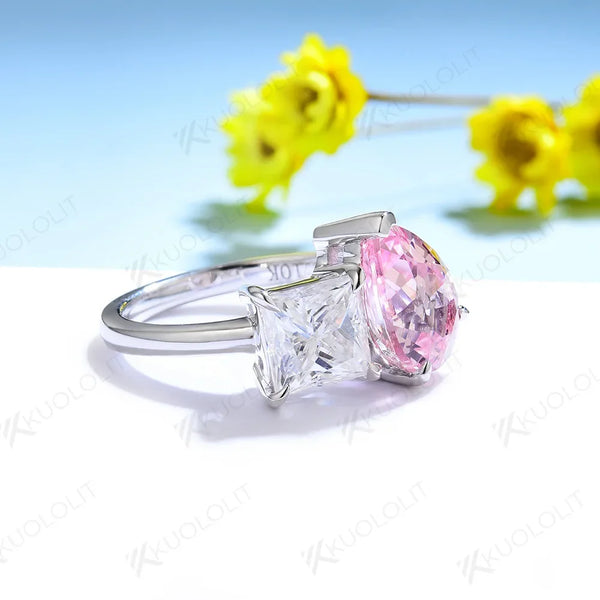 Kuololit Lab Grown Pink Sapphire Pear Cut Rings for Women 18K 14K White Gold Moissanite Princess Cut Ring for Engagement Party