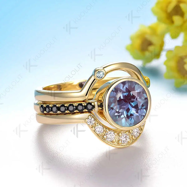 Kuololit 2CT Lab Grown Alexandrite with Moissanite Set Ring for Women Solid 14K 10K 585 Yellow Gold for Christmas Gifts Party