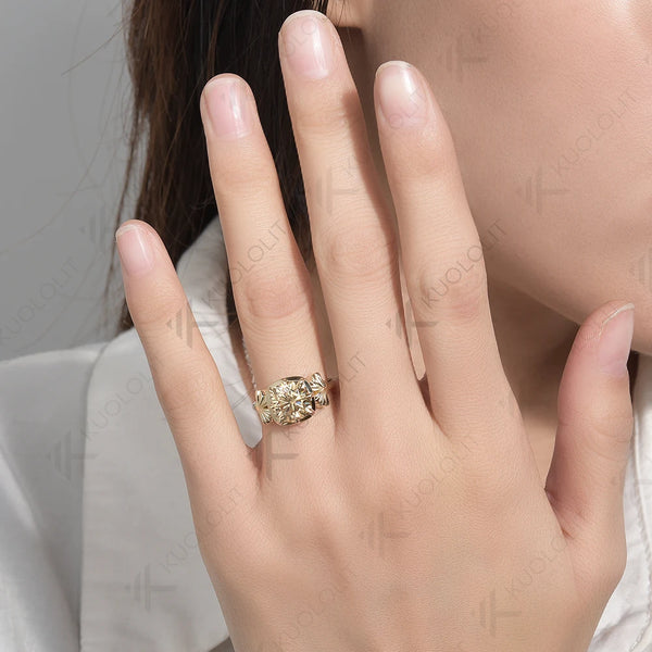 Kuololit 3.5ct Champagne Moissanite Ring for Women 585 14K 10K Yellow Gold Cushion Solitaire Halo Ring for Engagement Christmas