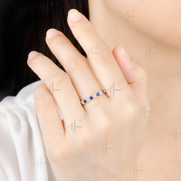 Kuololit  1.5CTW Lab Diamond Sapphire Alternating Wedding Band for Women Solid 14K Yellow Gold Eternity Full Ring for Engagement
