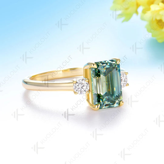 Kuololit 2.5CT Emerald Cut Cyan Moissanite Engagement Ring for Women Solid 18K 14K 10K White Gold Ring for Engagement Christmas