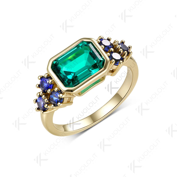 Kuololit 3CT Lab Grown Emerald Sapphire Gemstone Custom Ring for Women Solid 14K10K Yellow Gold for Engagement Wedding Christmas