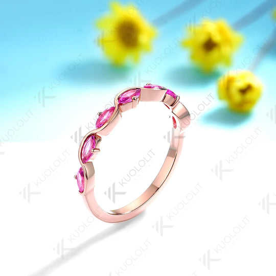 Kuololit 0.7CTW Lab Grown Pink Sapphire Marquise Ring for Women Solid 14K 10K 585 Rose Gold Wedding Band for Christmas Gifts