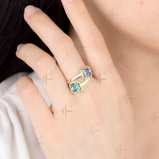 Kuololit 4CTW Asscher Cut Gray Cyan Moissanite for Women Solid 14K 10K 585 Yellow Gold for Engagement Wedding Christmas Gifts