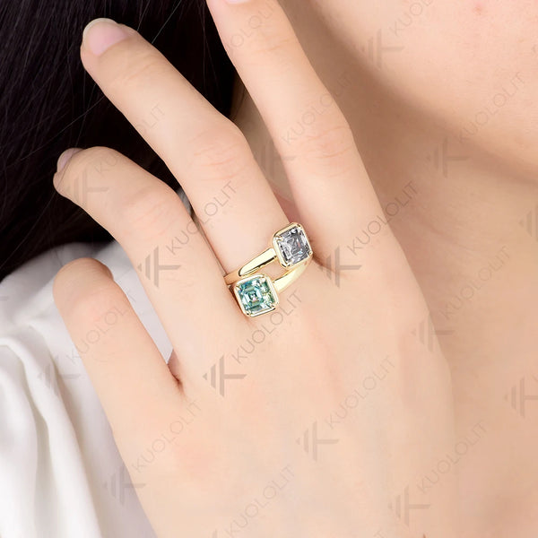 Kuololit 4CTW Asscher Cut Gray Cyan Moissanite for Women Solid 14K 10K 585 Yellow Gold for Engagement Wedding Christmas Gifts