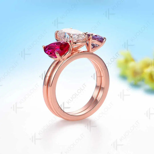 Kuololit 6.5CTW Lab Grown Alexandrite Ruby Moissanite Rings for Women Soild 14K 585 Gold Set Ring for Engagement Christmas Gift
