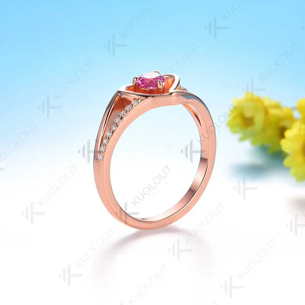 Kuololit Lab Pink Sapphire Diamonds Rings for Women Soild 10K 14K Yellow Gold Diamond Heart Ring  for Engagement Christmas Gifts