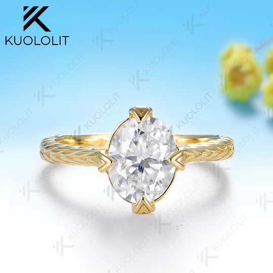 Kuololit 2CT Oval Moissanite Custom Ring for Women Solid 14K 10K 585 Yellow Gold for Christmas Engagement Anniversary Gift Party