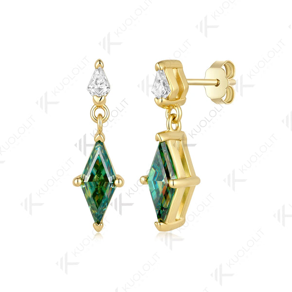 Kuololit 2.4CTW Cyan Moissanite Custom Clip Earrings for Women Solid 14K10K585 Yellow Gold Rhombus Cut for Christmas Gifts Party