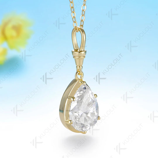 Kuololit 5CT Pear Cut Moissanite Custom Necklace for Women Solid 585 14K 10K Yellow Gold Necklace for Christmas Gifts Engagement