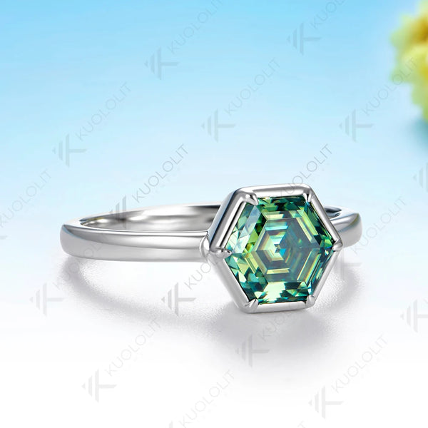 Kuololit 1.5CT Cyan Moissanite Hexagon Ring for Women Solid 14K 10K585 Yellow Gold Engagement Ring for Christmas Gift Party