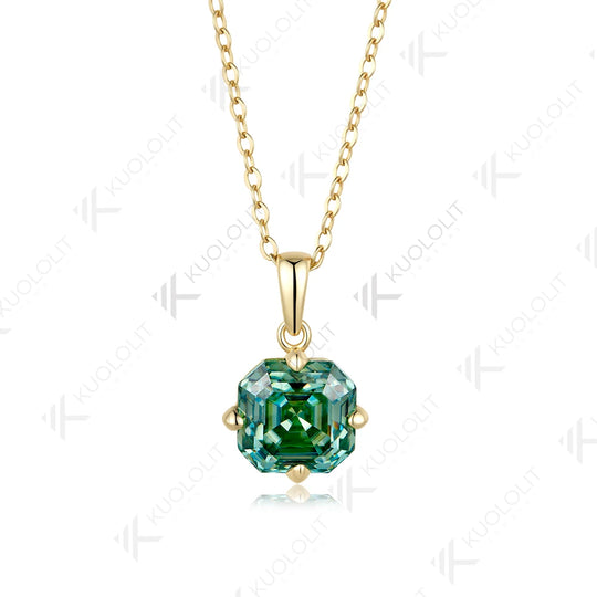 Kuololit 3.5CT Asscher Cut Cyan Moissanite Custom Necklace for Women Solid 585 14K 10K Yellow Gold Necklace for Christmas Gifts